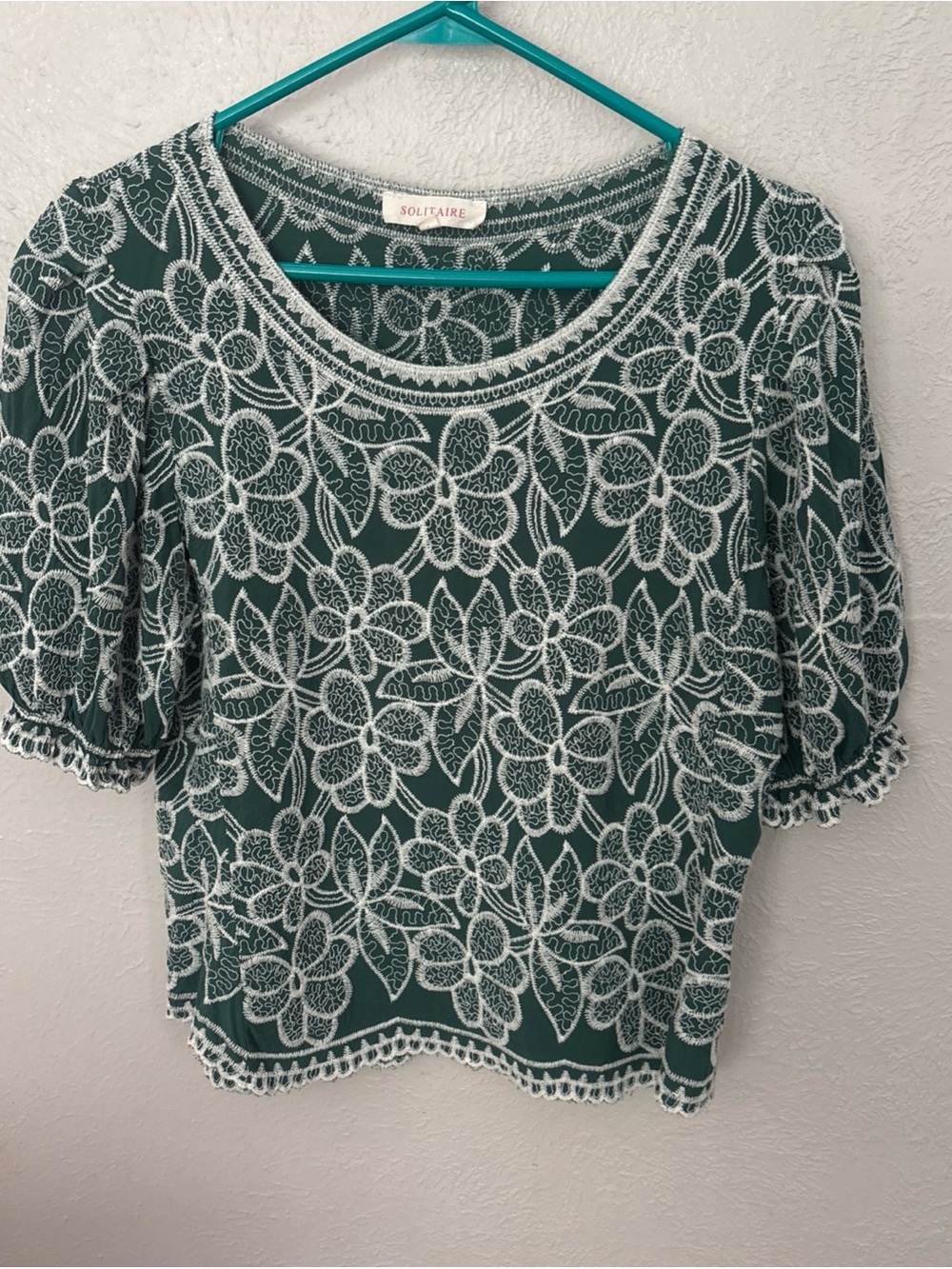 Solitaire Dark Green Short Sleeve Top with White Floral Lace